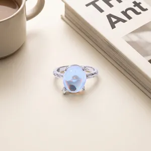 Colorful imitation moonstone ring minimalist silver fashion jewelry versatile elegant style chic