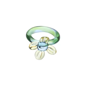 Handmade Glaze Butterfly Flower Ring For Women Niche Design Transparent Glass Summer Vacation Beach Jewelry Accessories