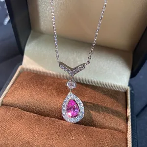 Collar de Gota de Agua de Zafiro Rosa Creado en Laboratorio de Plata de Ley 925 para Mujer Joyería de Lujo con Incrustaciones de Strass