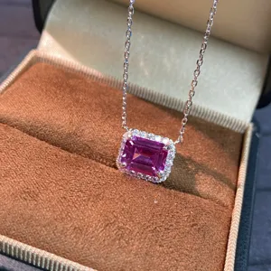 Collana con ciondolo zaffiro rosa lab creato argento alone diamante dettaglio gioiello