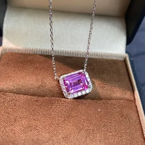 Collana in Argento Sterling S925 Con Zaffiro Rosa Creato in Laboratorio Donna Elegante Quadrato Halo Strass