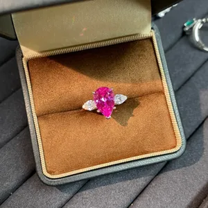 S925 Sterling Zilveren Ring Voor Dames Peer Slijpvorm Roze In Laboratorium Gekweekte Saffier Drie-Stenen Ring Lichte Luxe Sieraden Cadeau