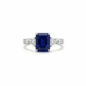 Stupefacente anello in argento S925 zaffiro sintetico 3ct taglio smeraldo vista frontale