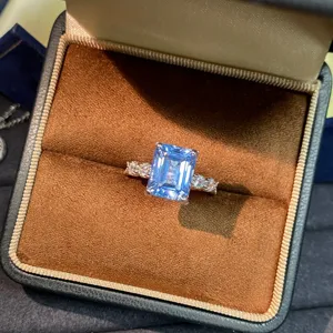 S925 Sterling Silver Created Santa Maria Aquamarine Ring Emerald Cut Gemstone Jewelry