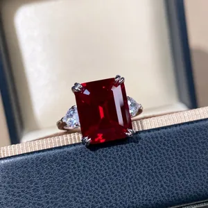 Emerald cut lab created ruby ring S925 sterling silver luxury fashion jewelry for women