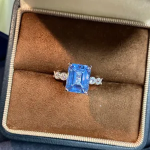 S925 sterling silver emerald cut blue aquamarine ring for women elegant jewelry gift