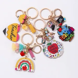 Leraar Dag Cadeau Zinklegering Sleutelhanger Emaille Bloem Parel Potlood Hanger Bedankt Brief Tas Accessoires Sieraden
