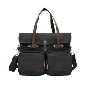 Vintage Canvas Crazy Horse Leer Aktetas Voor Heren Grote Capaciteit Laptop Schoudertas Reizen Cameratas