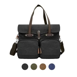 Vintage canvas en leer schoudertas met multi-pocket ontwerp voor heren werk en reis
