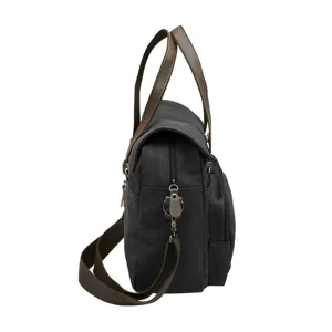 Klassieke zwarte canvas tas voor heren met bruin lederen handvatten en riem