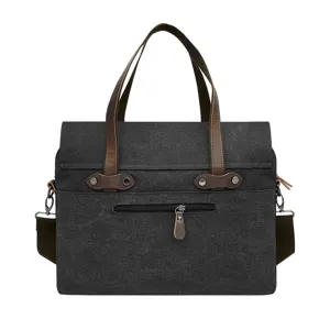 Vintage donkergrijze canvas aktetas voor heren met bruine Crazy Horse lederen handvatten