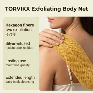 Malla exfoliante amarilla con fibras hexagonales para el cuidado suave de la piel y espalda