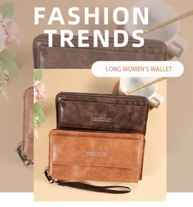 Lange business casual portemonnee clutch met kaartvakken en polsband in gedetailleerd overzicht.