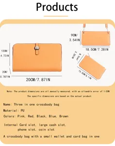 Bolso cruzado de cuero PU tres en uno con múltiples ranuras y billetera para mujeres.