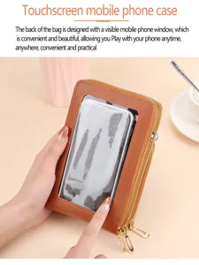 Vista dettagliata della borsa porta cellulare touch screen tinta unita con finestra sul retro.