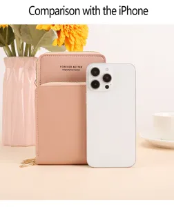 Borsa a tracolla per cellulare multifunzionale rosa tinta unita vista dettagliata e misura