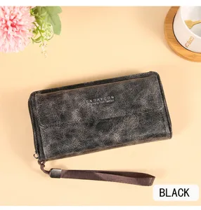 Heren lange vintage lederen portemonnee clutch met handige polsband en ritssluting.