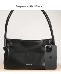 Schwarze Schultertasche aus Leder für Damen, schicke Achseltasche mit Doppelriemen und viel Platz.