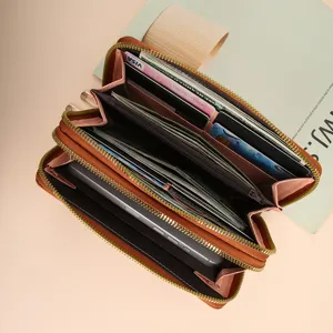 Dames dubbele rits portemonnee grote capaciteit lange tas kaartenhouder bruin clutch