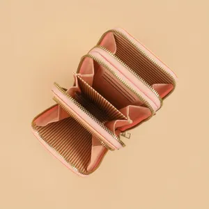 Pink multi-compartment zipper wallet cell phone bag with striped lining and card slots.