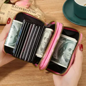 Porte-cartes accordéon anti-RFID femme double fermeture éclair portefeuille rose grand étui