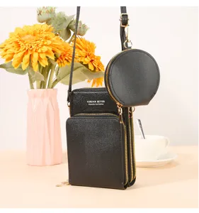 Borsa a tracolla multifunzionale nera per cellulare con piccolo portamonete rotondo donna.