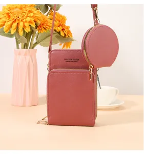 Borsa a tracolla per telefono rosa set di due pezzi con piccolo portamonete rotondo in PU.
