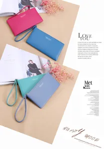 Vista detallada de cartera larga con cremallera mujer bolso de mano con correa en varios colores.