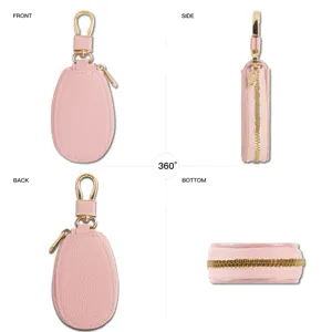 Mini Leder Autoschlüsseltasche in Rosa mit goldener Hardware, Reißverschluss und Schlüsselring.