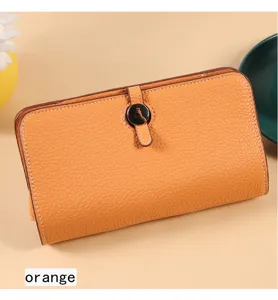 Monedero largo de cuero litchi naranja con correa boton de presion bolsa multifuncional tarjetas.