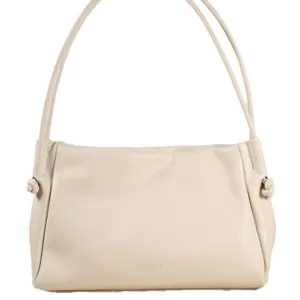 Beige Handtasche Detail, modische PU Leder Schultertasche, Seitenknoten Design, feiner Riemen.