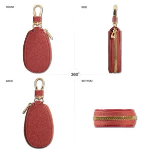 Kompakte rote Leder Autoschluesseltasche mit goldenem Reissverschluss und Schluesselring.