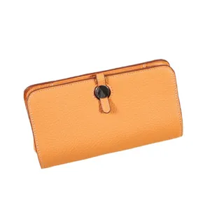 Cartera de cuero larga naranja elegante bolso multifuncional con cierre de metal.