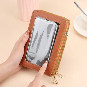 Borsa a tracolla per telefono da donna monocolore con finestra touch screen e doppia zip.