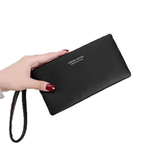 Monedero Largo de Mujer con Cremallera Gran Capacidad Bolso de Mano con Muñequera Negro