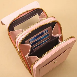 Roze multi-laag rits mobiele telefoon tas met kaartvakken en touchscreen vak voor dames.