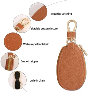 Mini Autoschluesseltasche, braunes PU Leder Schluesseltuete mit Reissverschluss, Haken.