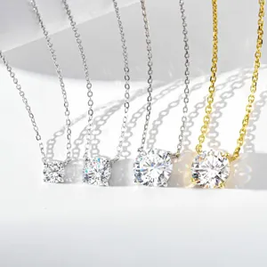 925 Sterling Silver Four-Prong Solitaire Pendant Necklace For Women Classic D Color Moissanite Rhinestone Clavicle Chain Jewelry Gift