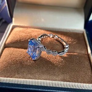 Exquisite S925 silver square blue gemstone ring detail shot, elegant women jewelry accessory.