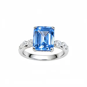 S925 Sterling Silver Created Santa Maria Aquamarine Emerald Cut Ring for Women
