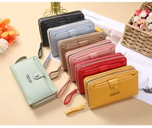 Portefeuille zippe long coreen mode pochette poignet femme unicolore grande capacite