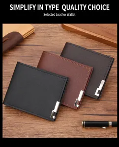 Mens short leather wallet with metal corner, multi card slots, stylish bifold card holder.