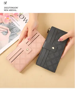 Women long PU leather quilted snap button zipper clutch purse card holder black and pink