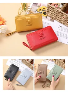 Femme long portefeuille zippé couleur unie cuir PU pochette sac avec dragonne élégant.