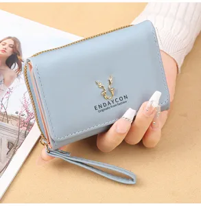 Damen kurze PU Leder Geldbörse süße Reißverschluss Münztasche Kartenhalter in Hellblau