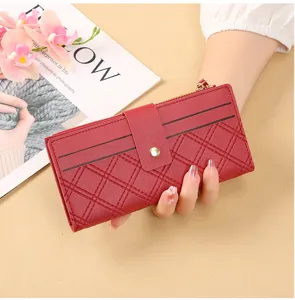 Red long women wallet with quilted pattern, snap closure and card slots for daily stylish use.
