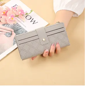 Grey women long wallet snap closure zipper card slots quilted fashion casual chic daily