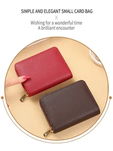 Porte-carte minimaliste unicolore en cuir PU avec fermeture éclair pour cartes et monnaie.