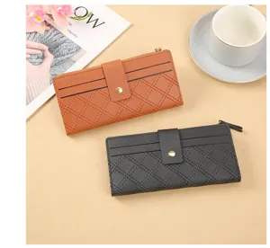 Women long wallet PU leather snap closure card holder stylish zipper purse black brown