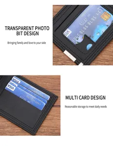 Men black leather card holder wallet detail view, multiple card slots and clear photo window.